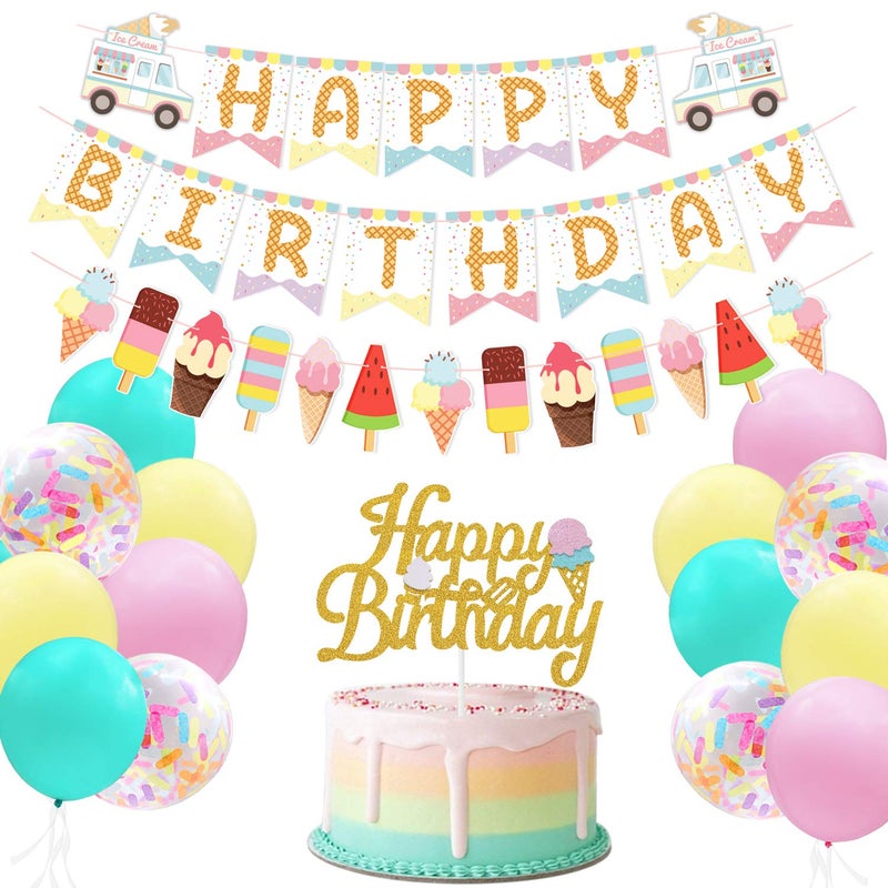 Marwey Ice Cream Birthday Banner and Cake Topper Summer Colorful Ice Cream Themed Kids Birthday Party Supplies - Image 1